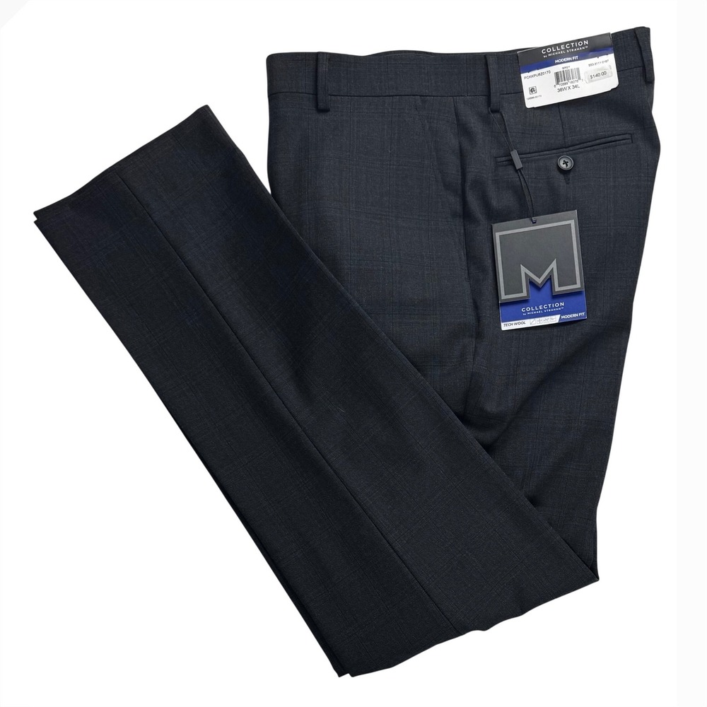Michael Strahan Collection Men Modern Fit Tech Wool Dress Pants 36x34 Grey Plaid